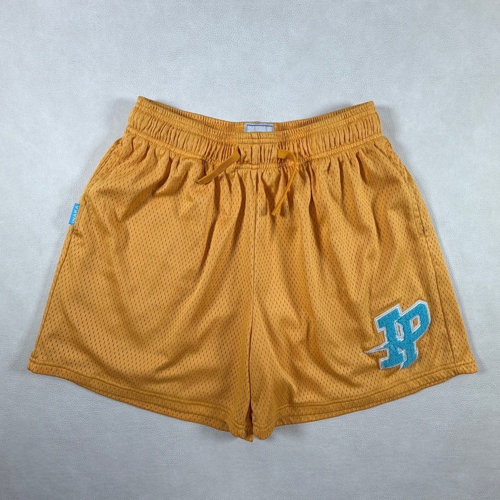 Inaka Power Mens Mesh Gym Shorts Yellow Chenille IP Logo Size Large